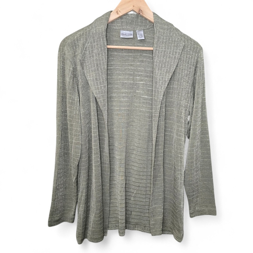 Chicos Cardigan Womens 1 US Medium Green Open Front Textured Casual Ladies